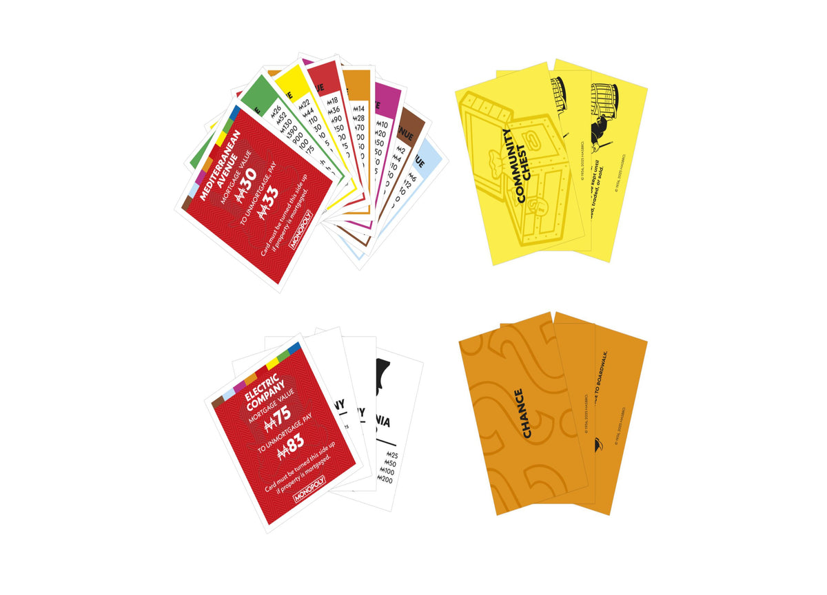 Monopoly Classic Edition Fun Family Board Game with colorful property cards, red box, yellow instruction cards, and o...