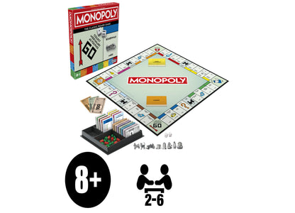Monopoly Classic Edition board game box and contents including game board, play money, tokens, dice, and cards