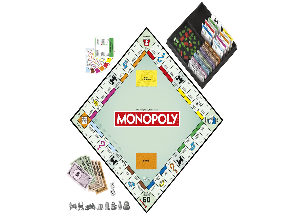 Monopoly Classic Edition board game with game board, play money, tokens, cards, and dice displayed