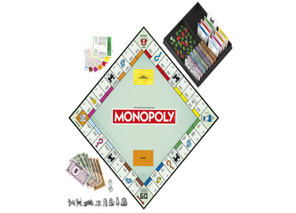 Monopoly Classic Edition board game with game board, play money, tokens, cards, and dice displayed