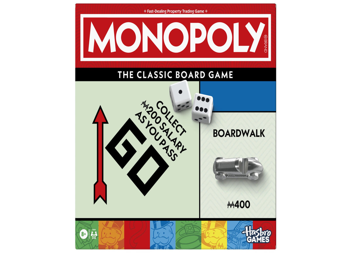 Monopoly Classic Edition board game box featuring red logo, dice, silver car token, and colorful Boardwalk property card