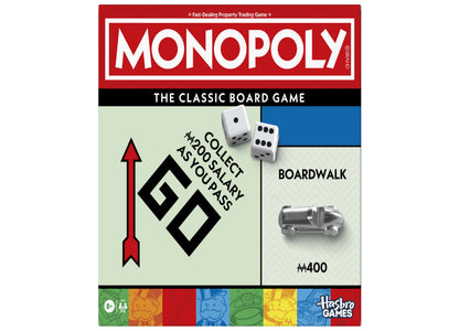 Monopoly Classic Edition board game box featuring red logo, dice, silver car token, and colorful Boardwalk property card