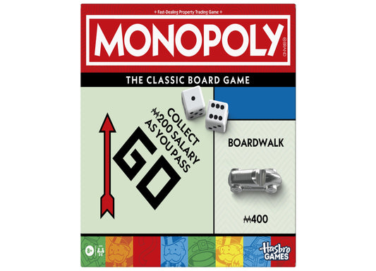 Monopoly Classic Edition board game box featuring red logo, dice, silver car token, and colorful Boardwalk property card
