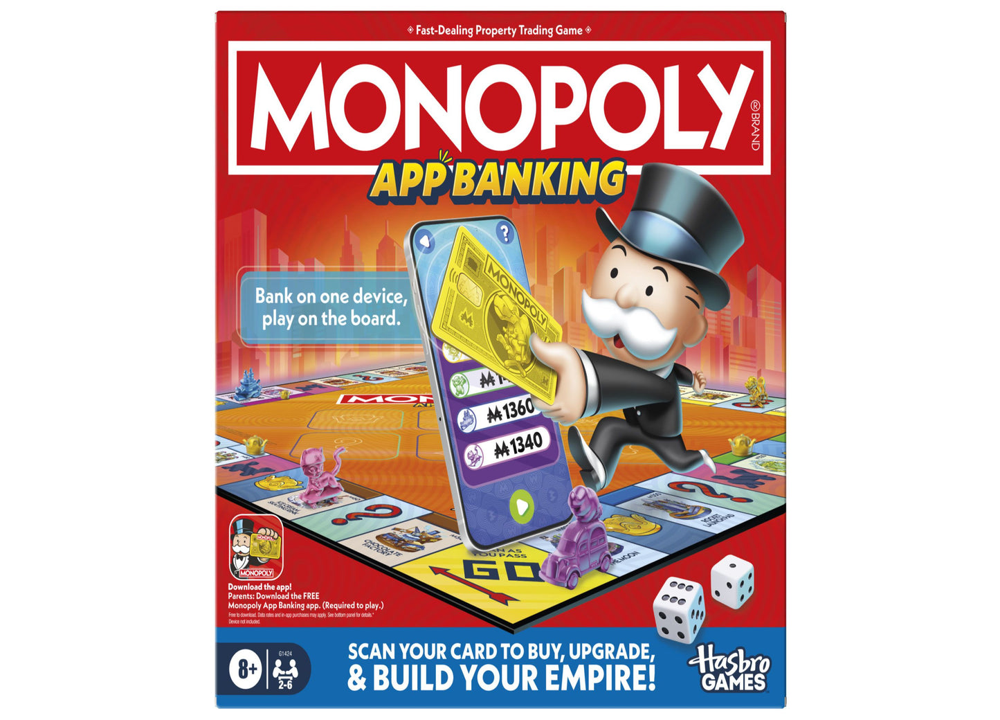 Monopoly App Banking Edition board game box showing Mr. Monopoly holding a smartphone with game board, property cards, and dice displayed