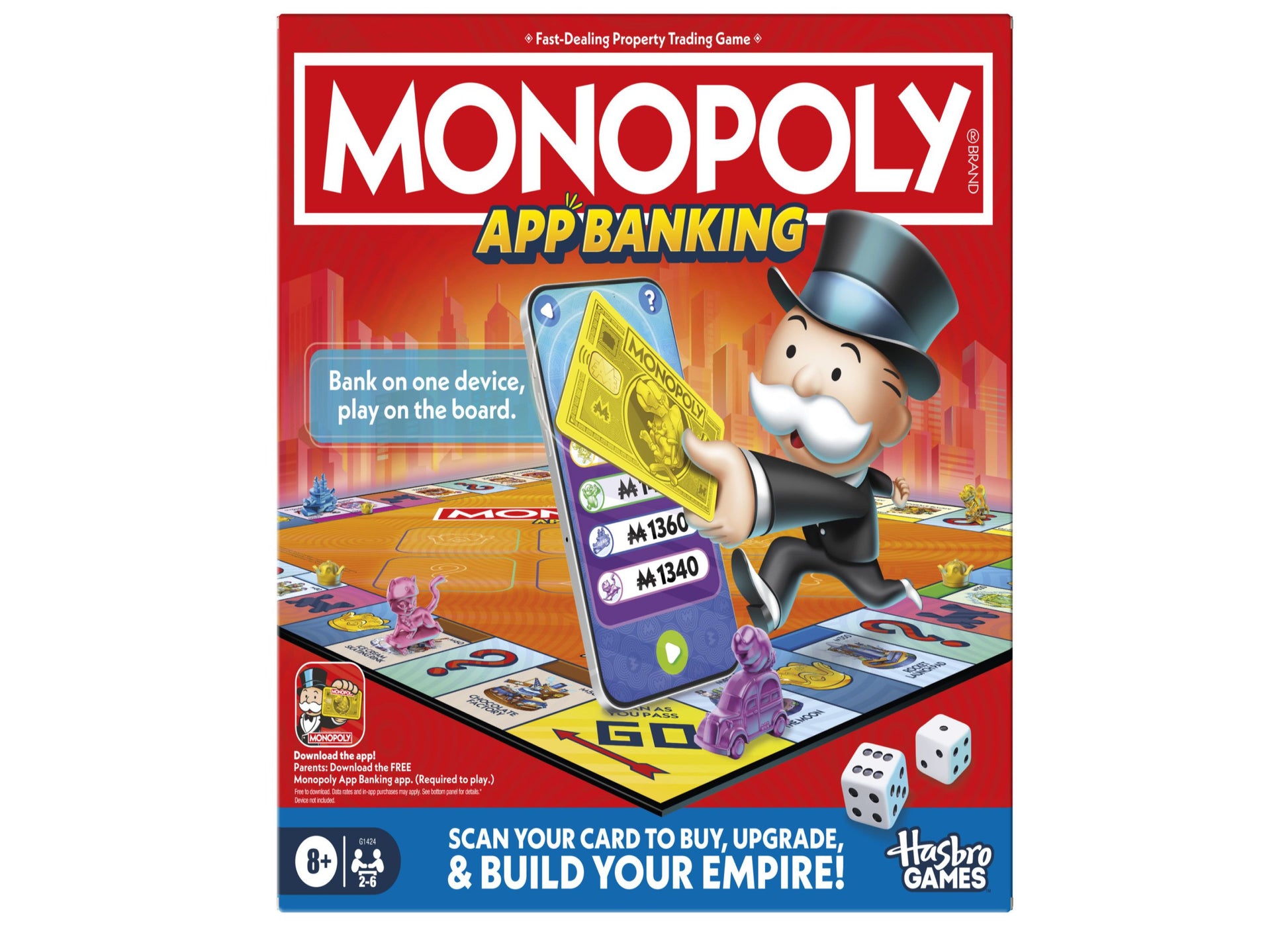Monopoly App Banking Edition board game box showing Mr. Monopoly holding a smartphone with game board, property cards, and dice displayed