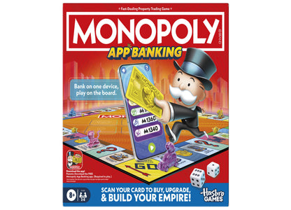 Monopoly App Banking Edition board game box showing Mr. Monopoly holding a smartphone with game board, property cards, and dice displayed