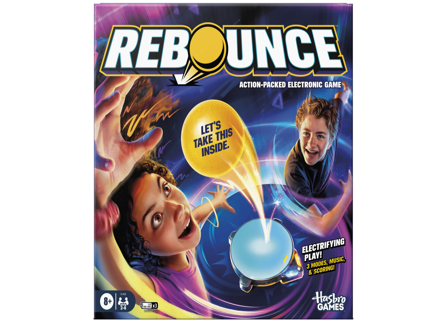 Rebounce action-packed electronic game box by Hasbro Games, featuring children playing with a glowing yellow ball, purple and blue lighting effects, and text re