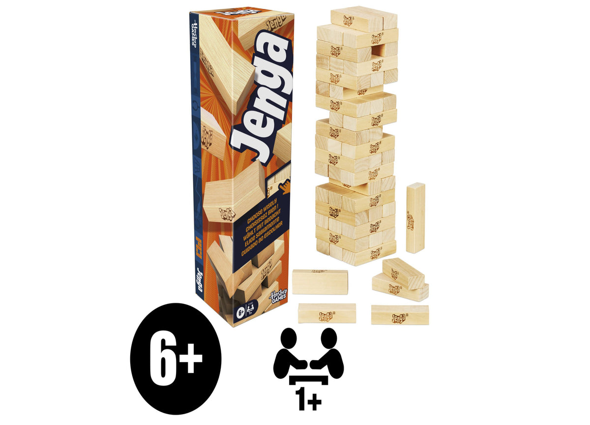Jenga Classic Hardwood Block Game box and stacked tower with individual blocks, ages 6+, 1+ players