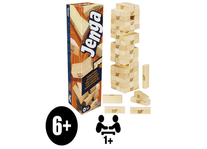 Jenga Classic Hardwood Block Game box and stacked tower with individual blocks, ages 6+, 1+ players