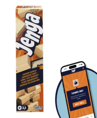 Jenga Classic Hardwood Block Game box showing orange and blue packaging