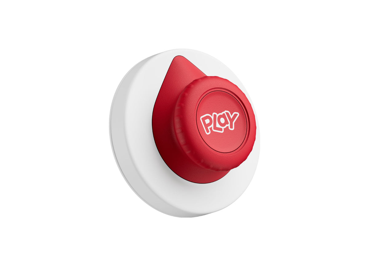 Tonies Tonieplay Controller in red and white, egg-shaped device with PLAY text on front