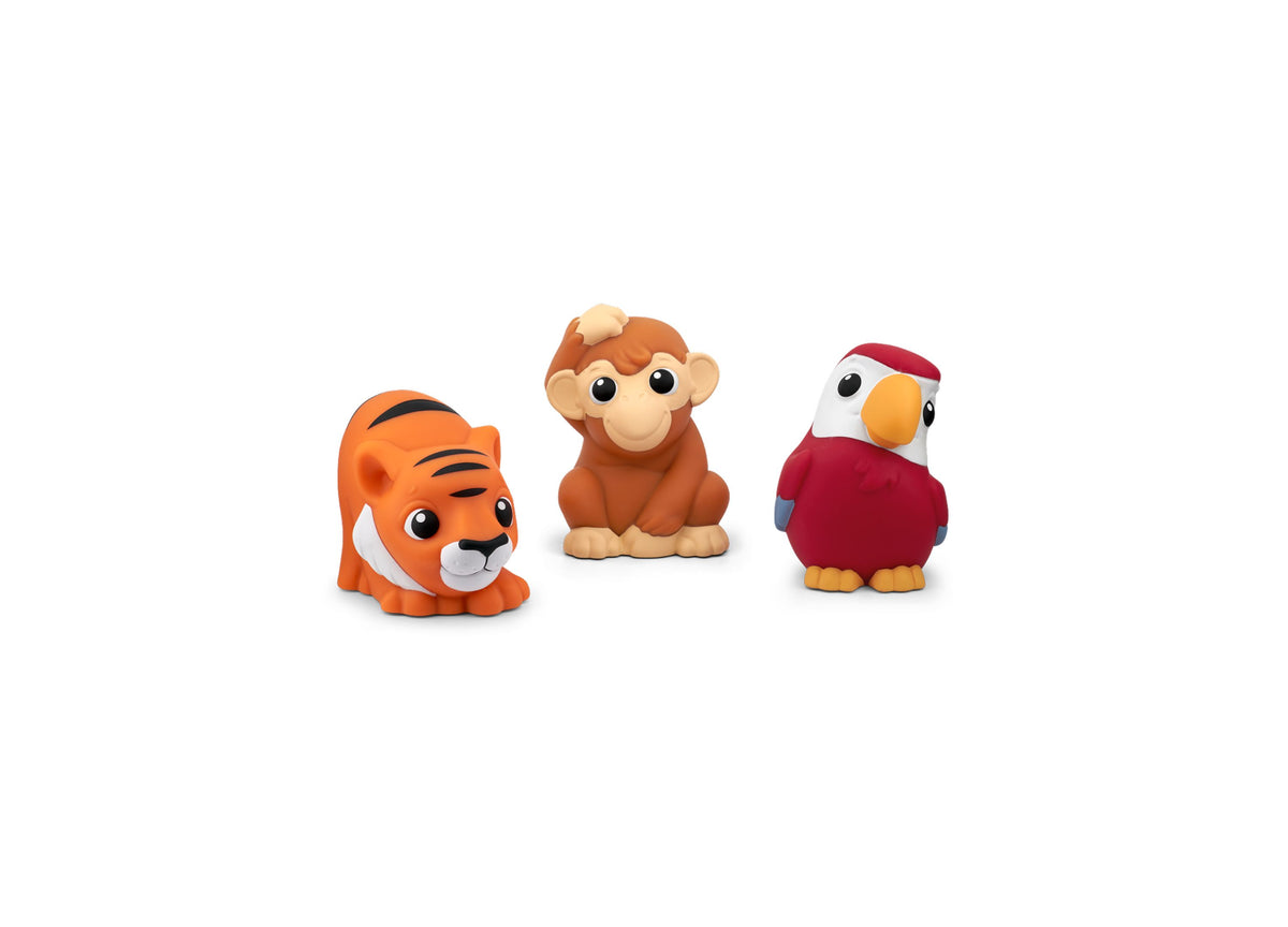 Three colorful animal figurines: orange tiger, brown monkey, and red parrot with yellow beak