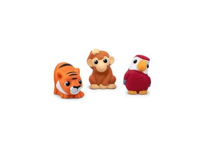 Three colorful animal figurines: orange tiger, brown monkey, and red parrot with yellow beak