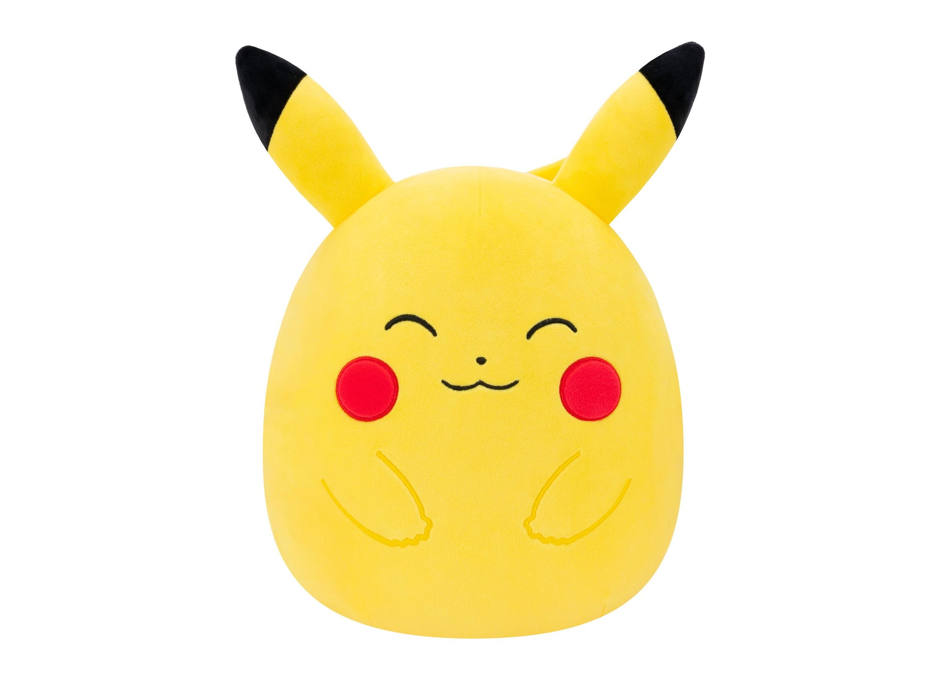 Pokémon Squishmallows Wave 8A 10 Inch Pikachu Plush Toy, yellow with black-tipped ears, red cheeks, and closed happy eyes