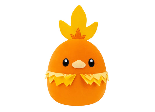 Orange plush toy with yellow crown-like leaves on head, black eyes, cream-colored beak, and yellow ruffled collar detail