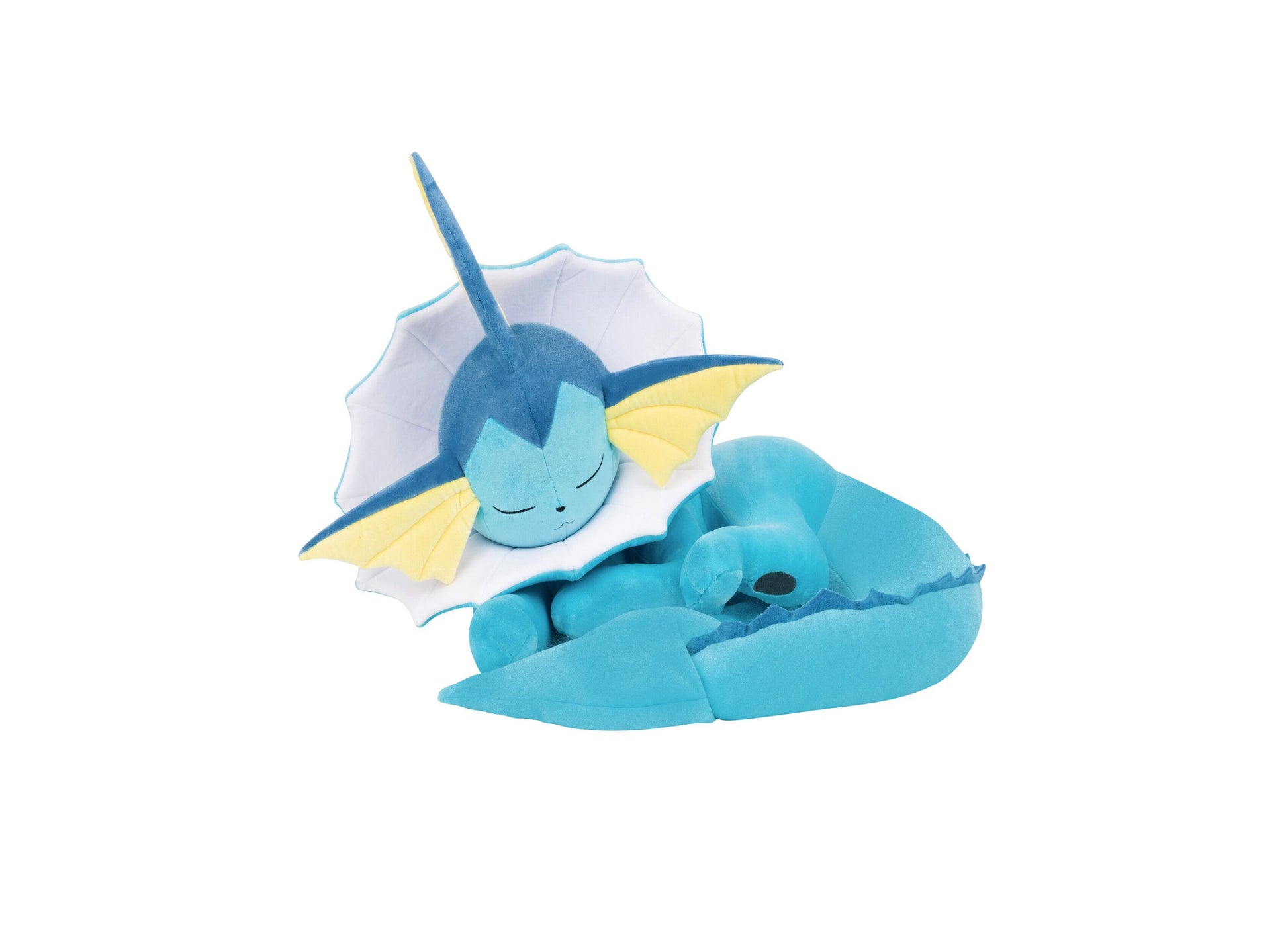 Blue Vaporeon plush toy with yellow fins, closed eyes, and a white shell-like back, sitting on a cyan-colored base