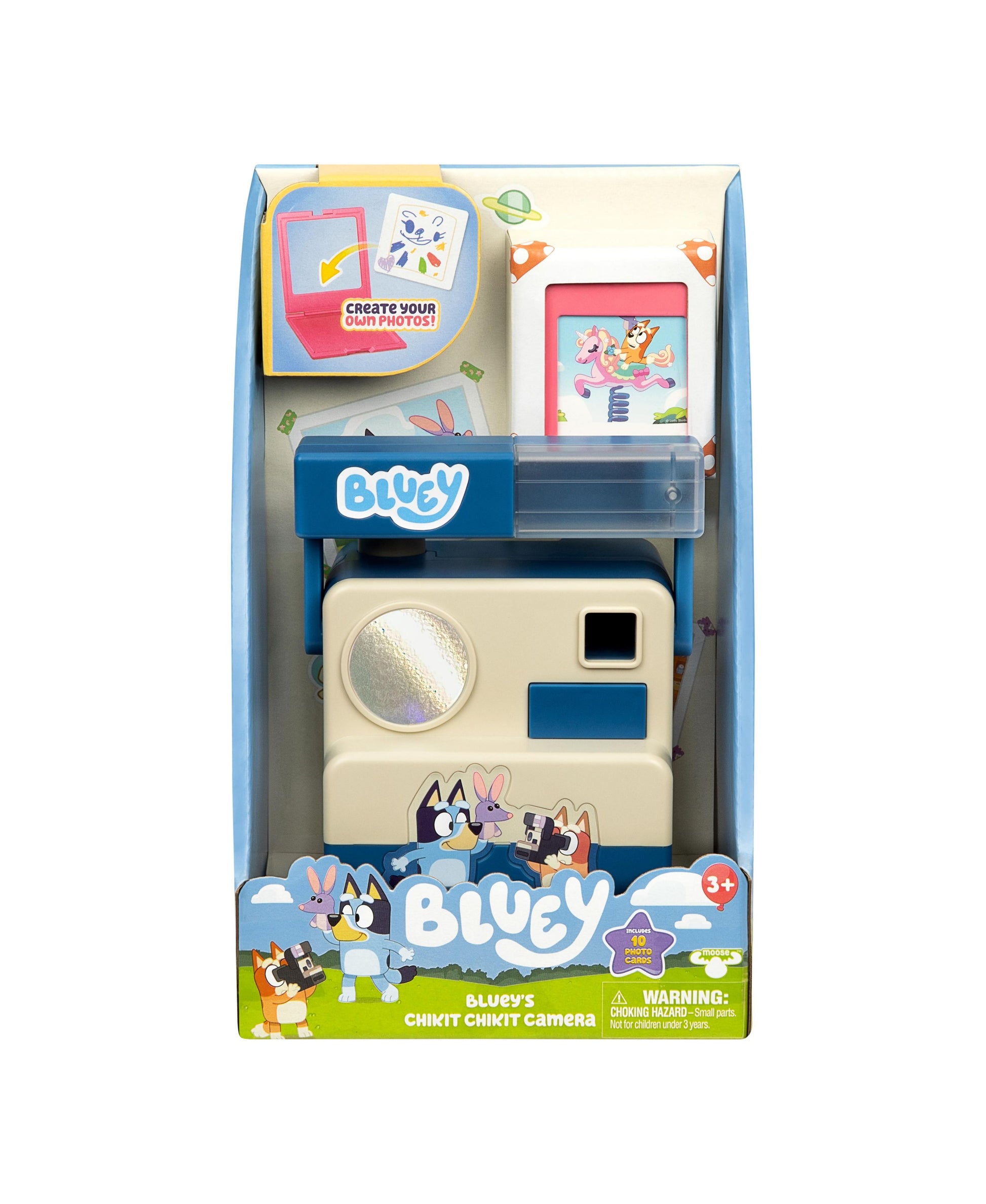 Bluey's Chikit Chikit Camera toy set in packaging, featuring a cream and blue pretend camera with silver lens and accessories