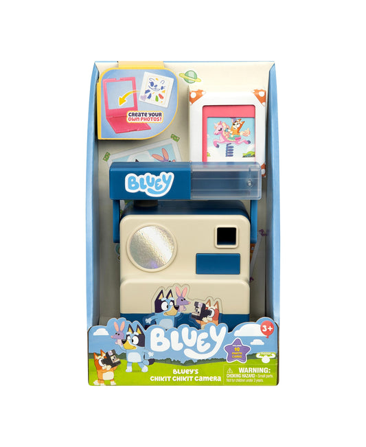 Bluey's Chikit Chikit Camera toy set in packaging, featuring a cream and blue pretend camera with silver lens and accessories
