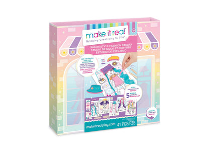 Make It Real Salon Style Fashion Studio playset with colorful box packaging, includes mix-and-match hair and accessories, 5 personalize-able models, and 41 piec