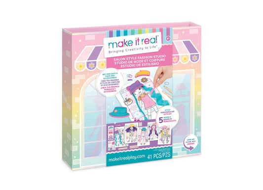 Make It Real Salon Style Fashion Studio playset with colorful box packaging, includes mix-and-match hair and accessories, 5 personalize-able models, and 41 piec