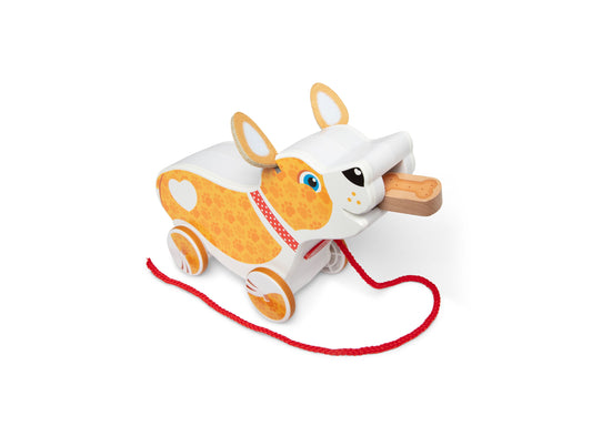 Melissa & Doug orange and white pull-along puppy toy with red string