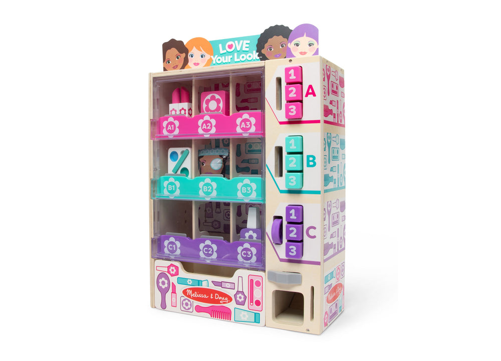 Melissa & Doug Beauty Vending Machine Wooden Play Set with pink, turquoise, and purple compartments containing pretend beauty accessories and styling tools