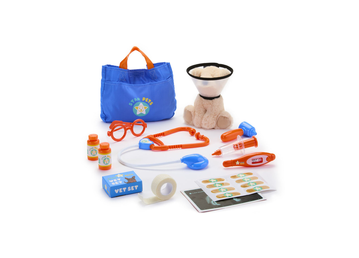 Star Pets Vet Care Playset with blue carrying bag, plush cream-colored pet, stethoscope, glasses, bottles, syringe, thermometer, tape, instruction booklet, and
