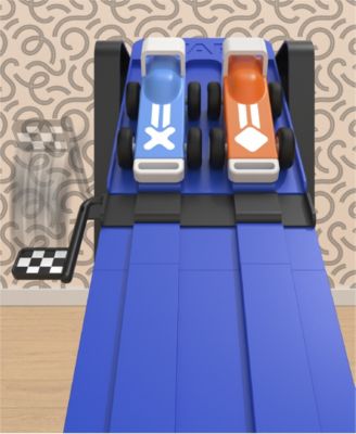 Geoffrey's Toy Box Downhill Derby Racetrack Set with blue track pieces, start launcher, and two racing cars in blue a...
