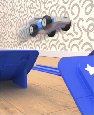 Geoffrey's Toy Box Downhill Derby Racetrack Set with blue track pieces, launcher, and two racing cars