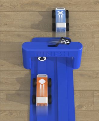 Geoffrey's Toy Box Downhill Derby Racetrack Set with blue track pieces, two racing cars, and start launcher