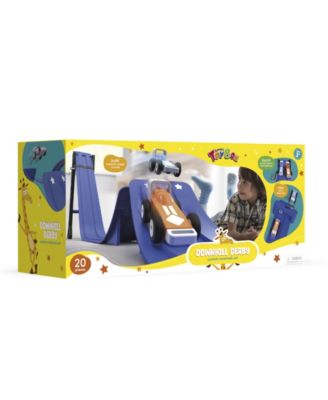 Geoffrey's Toy Box Downhill Derby Racetrack Set with blue and yellow track pieces, launcher, and two racing cars disp...
