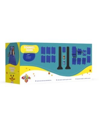 Geoffrey's Toy Box Downhill Derby Racetrack Set with purple track pieces, launcher, and two cars in packaging