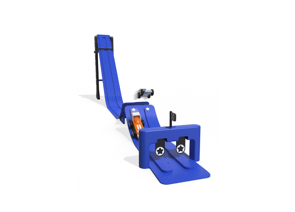 Geoffrey's Toy Box Downhill Derby Racetrack Set in blue with orange race car, adjustable track pieces, and launcher