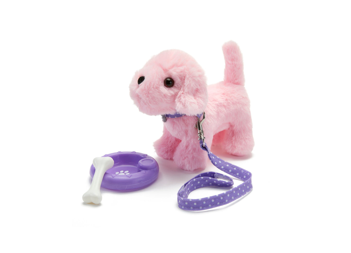 Pink plush dog toy with purple polka-dot leash and food bowl accessory included