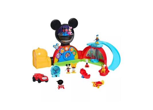 Disney Mickey Mouse Clubhouse Deluxe playset with Mickey head dome, colorful interactive panels, red and blue curved structures, yellow backpack, small figurine