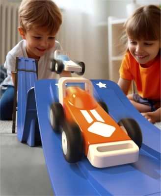 Two children playing with Geoffrey's Toy Box Downhill Derby Racetrack Set featuring blue track pieces, orange and whi...