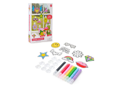 Colorful Creations Suncatcher Window Art Kit with paint palette, colored markers, and decorative suncatcher pieces including hearts, stars, flowers, smiley face