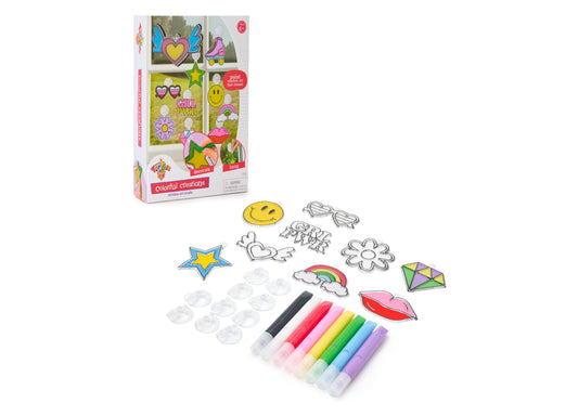 Colorful Creations Suncatcher Window Art Kit with paint palette, colored markers, and decorative suncatcher pieces including hearts, stars, flowers, smiley face