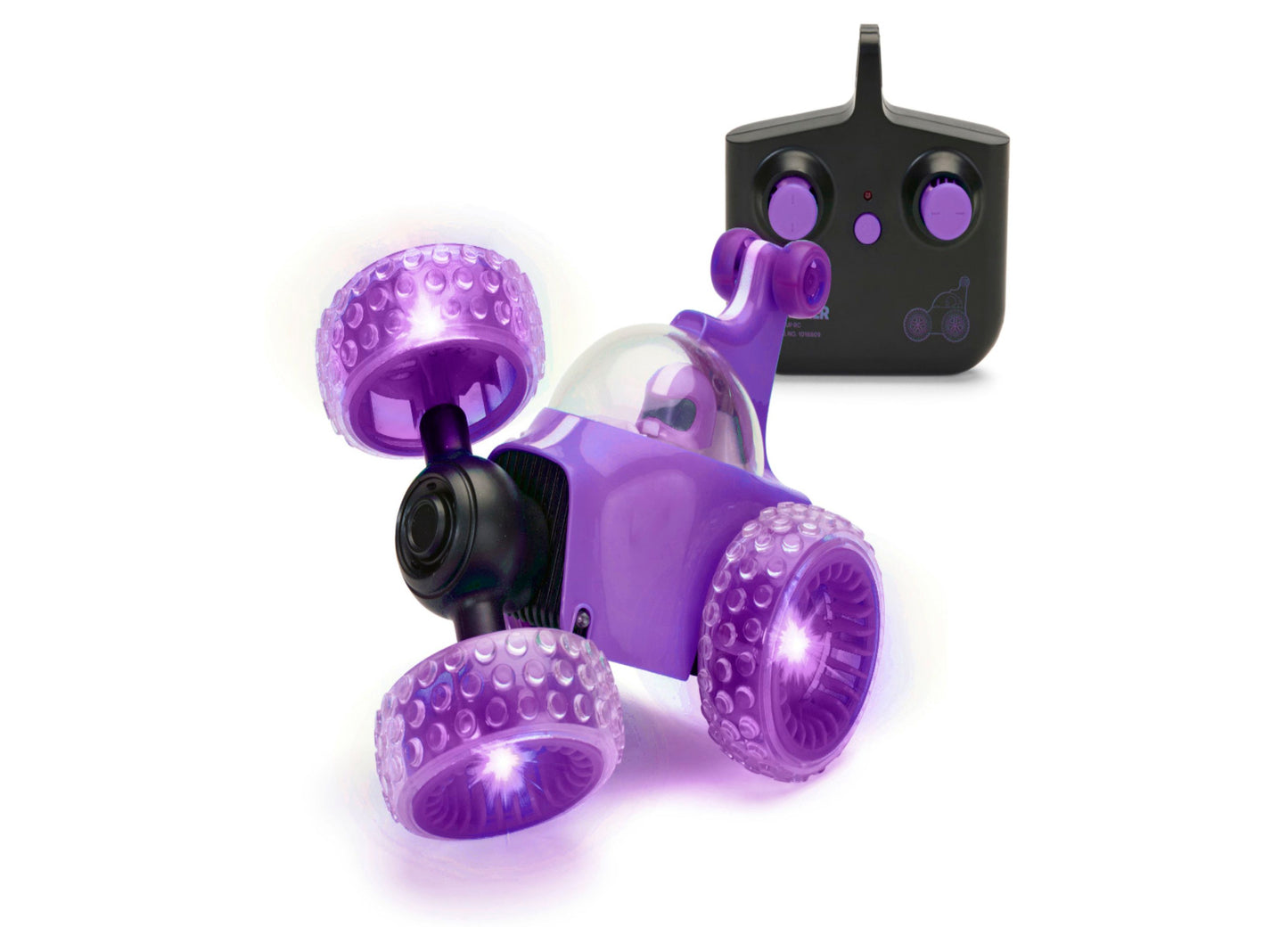 Purple and black remote control stunt car with glowing textured wheels and transparent dome, shown with black remote control