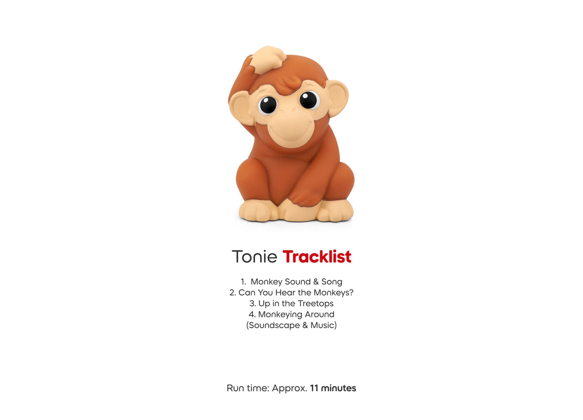 Tonie Tracklist monkey figurine with large eyes, reddish-brown body, and tan face shown against white background