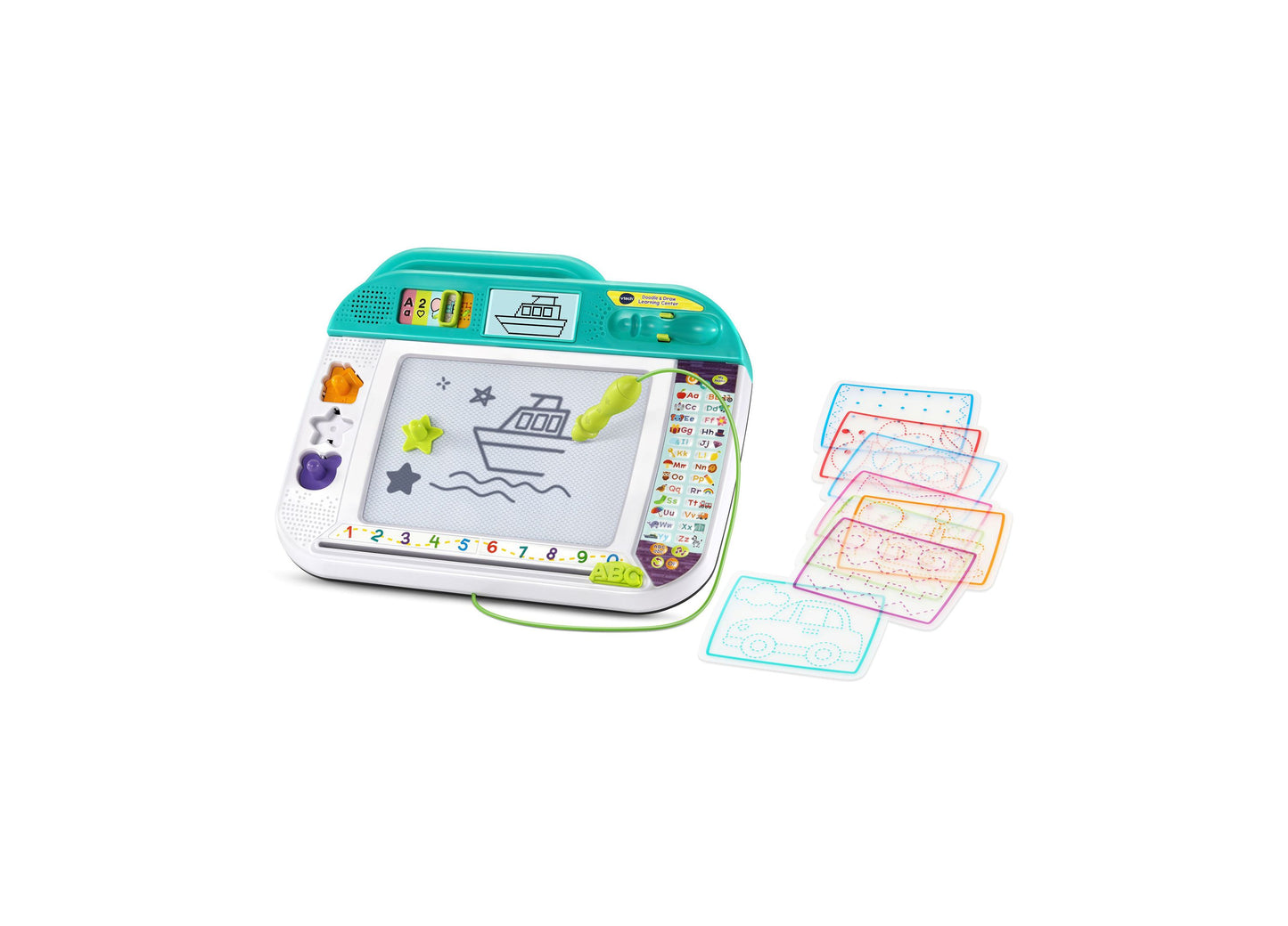 VTech Doodle and Draw Learning Center with turquoise top, white base, magnetic drawing screen showing boat and stars, numbered buttons 1-9, activity buttons on