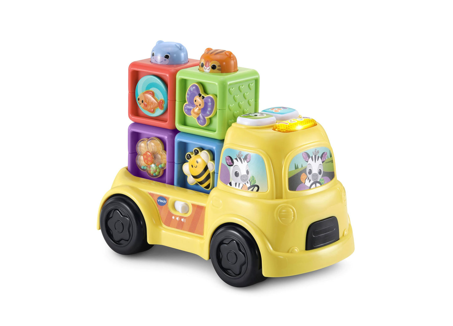 Yellow toy car with stacking colorful blocks on top featuring animal characters and interactive play panels