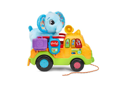 Colorful pull-along toy featuring a light blue plush elephant sitting on top of a yellow, green, and orange vehicle with interactive buttons, number panels, a p
