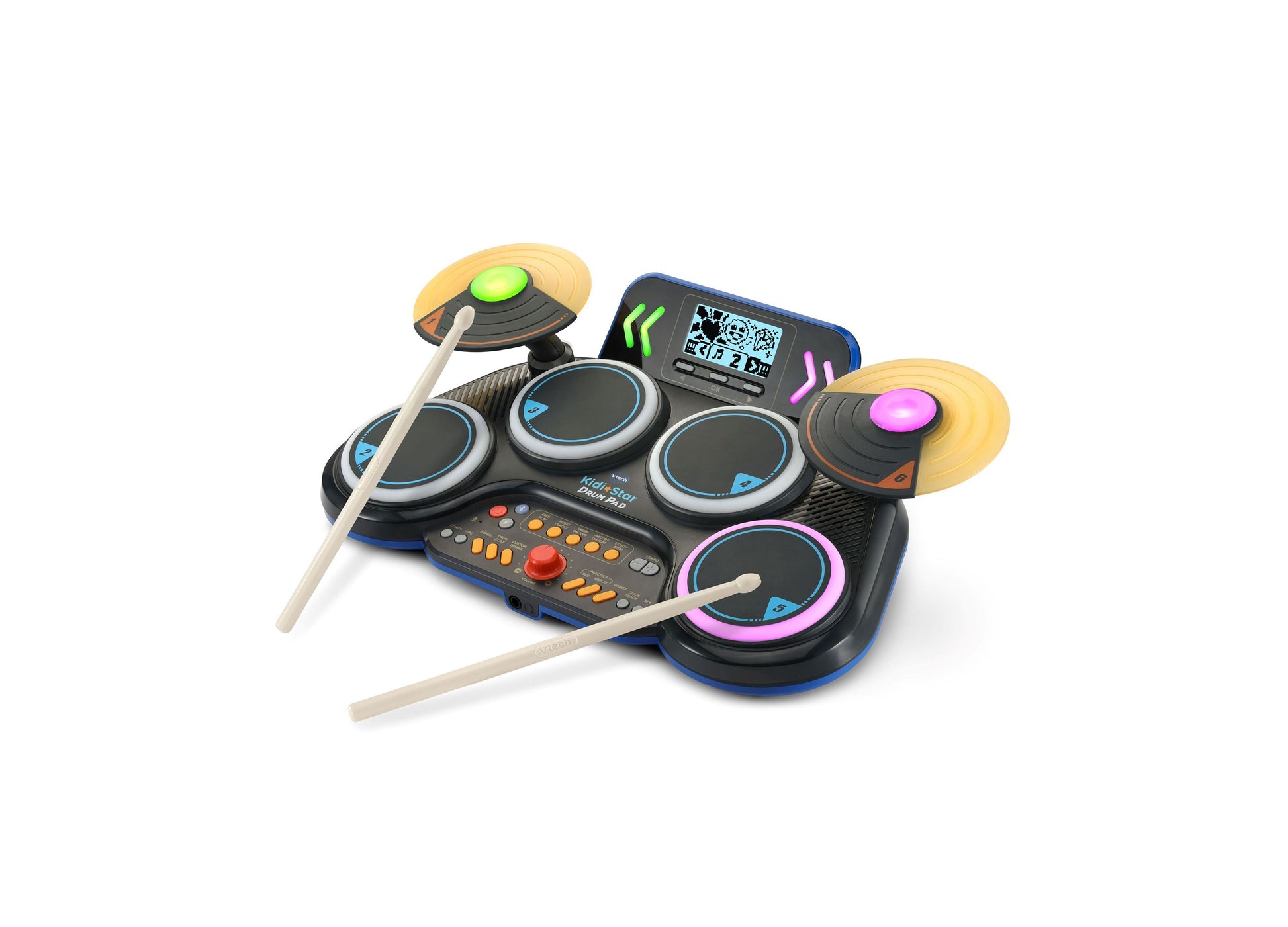 VTech Kidi Star Drum Pad electronic drum kit with black base, multiple touch pads with neon accents, control panel with buttons and red knob, digital screen, an