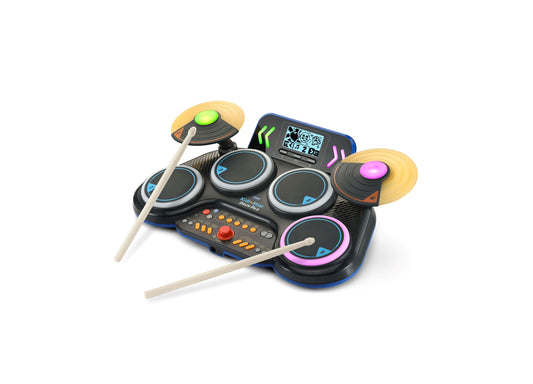 VTech Kidi Star Drum Pad electronic drum kit with black base, multiple touch pads with neon accents, control panel with buttons and red knob, digital screen, an