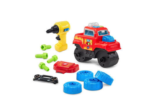 VTech Drill and Learn Monster Truck with yellow power drill, green screws, blue wheels, red chassis panel, and black base on plain background
