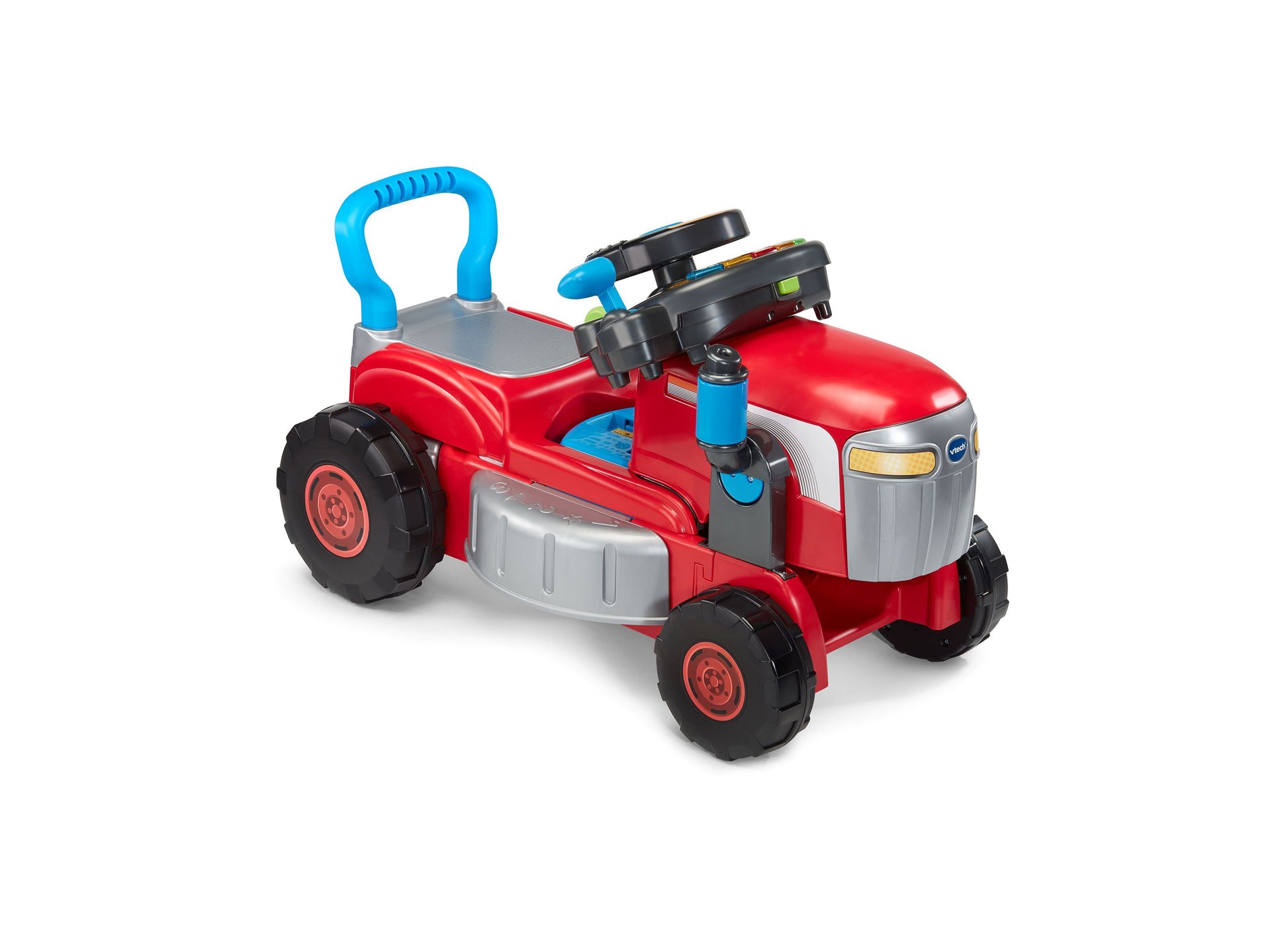Red and silver interactive ride-on tractor toy with blue handle, black wheels, and attached mower attachment on plain white background
