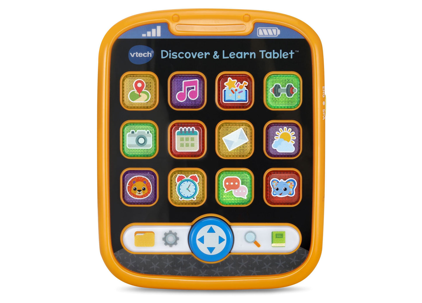 VTech Discover & Learn Tablet with yellow frame and colorful app icons including music, camera, calendar, weather, and animal characters on black screen