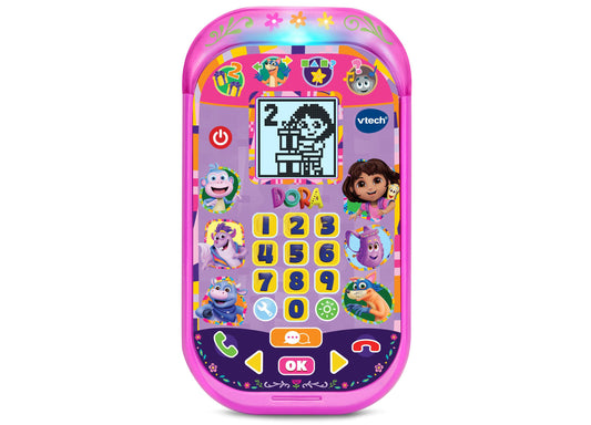 VTech Dora Adventure Calls learning phone with pink case, number keypad, interactive screen displaying pixel art, and character buttons featuring Dora and frien