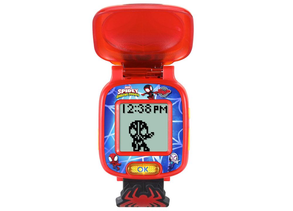 Red digital watch with Spider-Man theme, blue face displaying time 12:38 PM and pixelated Spider-Man character, OK button, black spider-patterned base